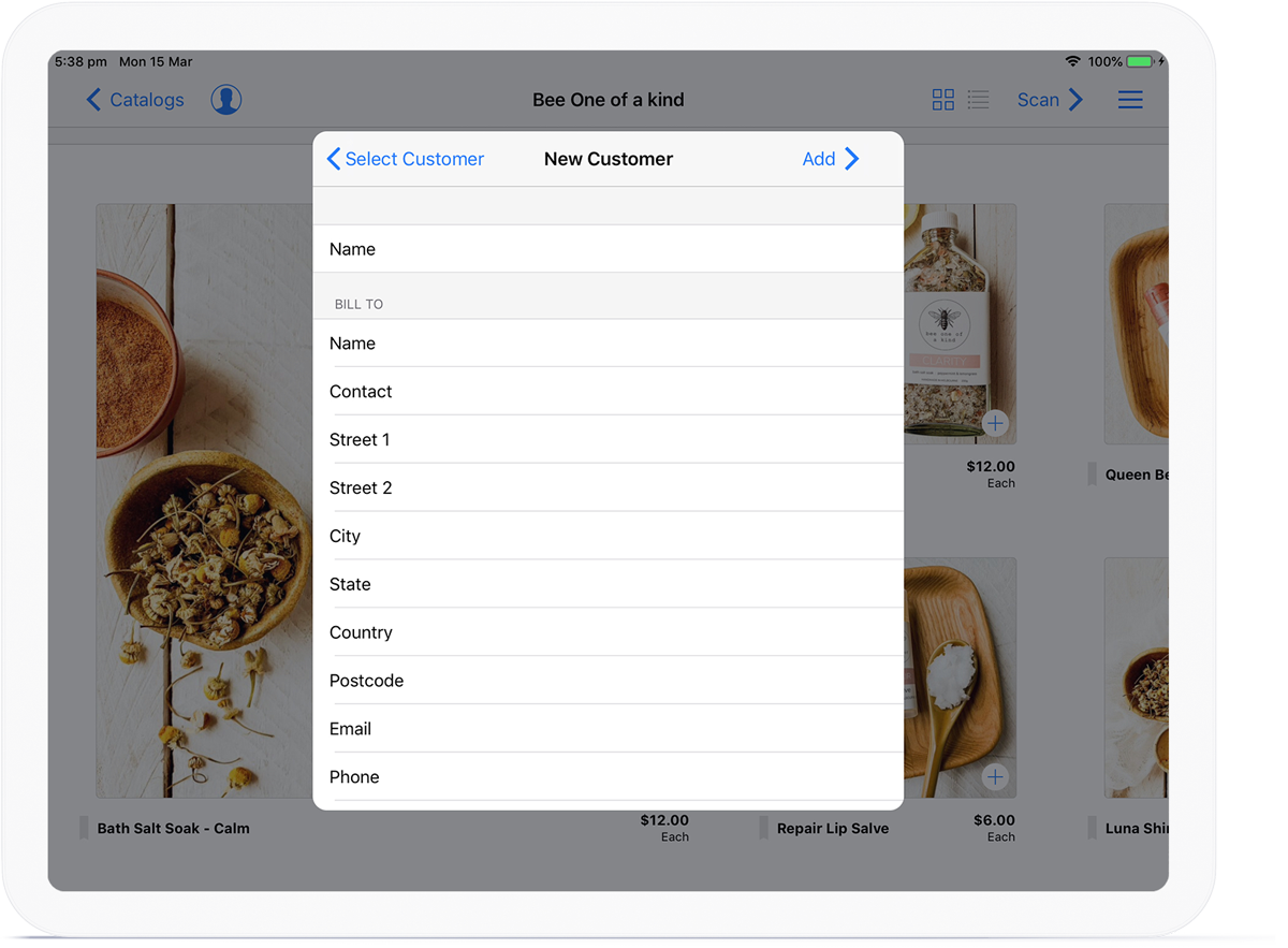 iPad add customer modal